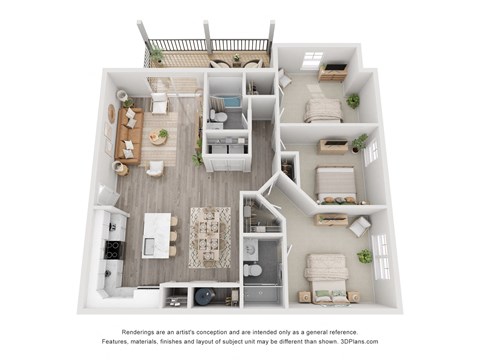 Floor plan for 3 beds, 2 baths, 1424 sqft